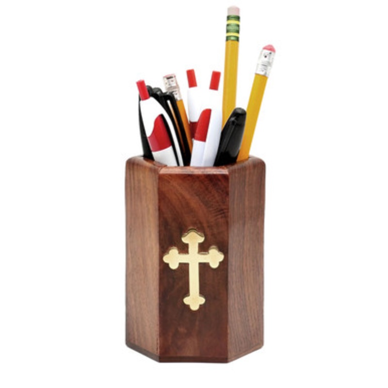 Budded Cross Wooden Pencil Holder