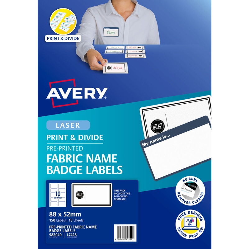 Avery ‘Hello! My Name Is’ Fabric Print & Divide Name Badges Laser 88x52mm 150 Labels L7428