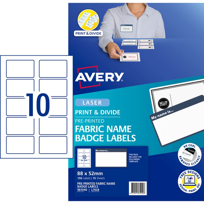 Avery ‘My Name Is’ Fabric Print & Divide Name Badges Laser 88x52mm 150 Labels L7428