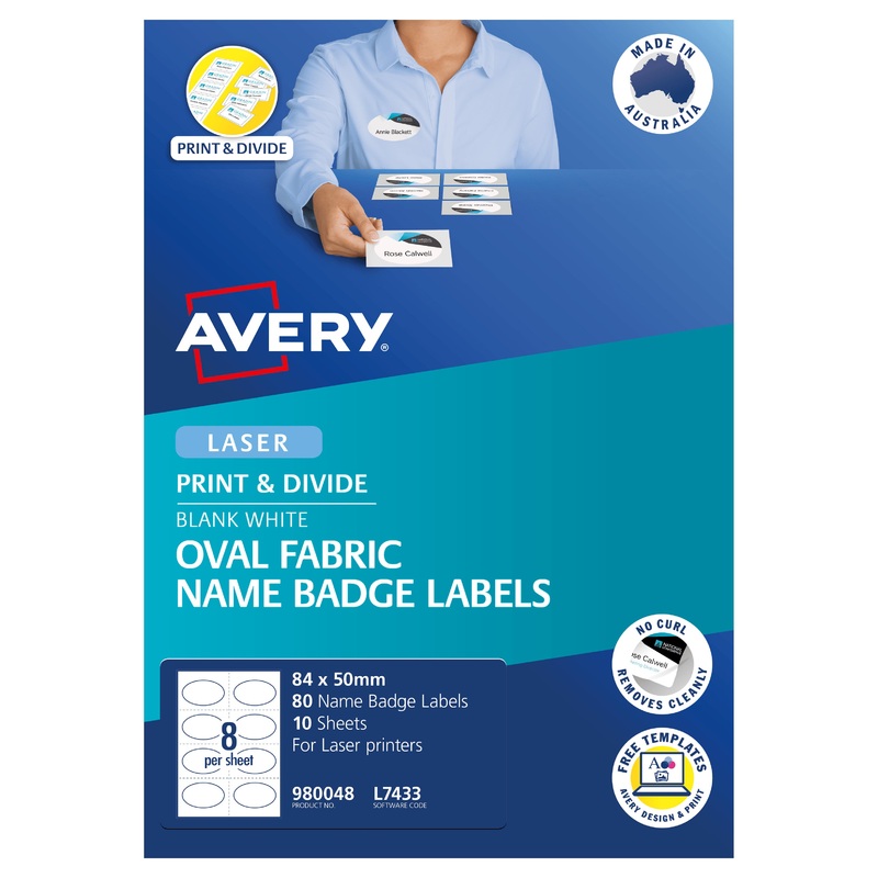Avery Oval Fabric Name Badge Labels L7433 84×50 mm 10 Sheets