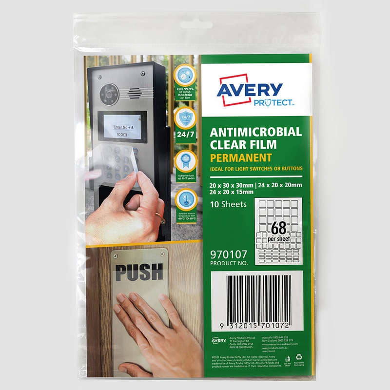 Avery Protect Anti-microbial Film Permanent Mixed Squares A4 68up 10 Sheets
