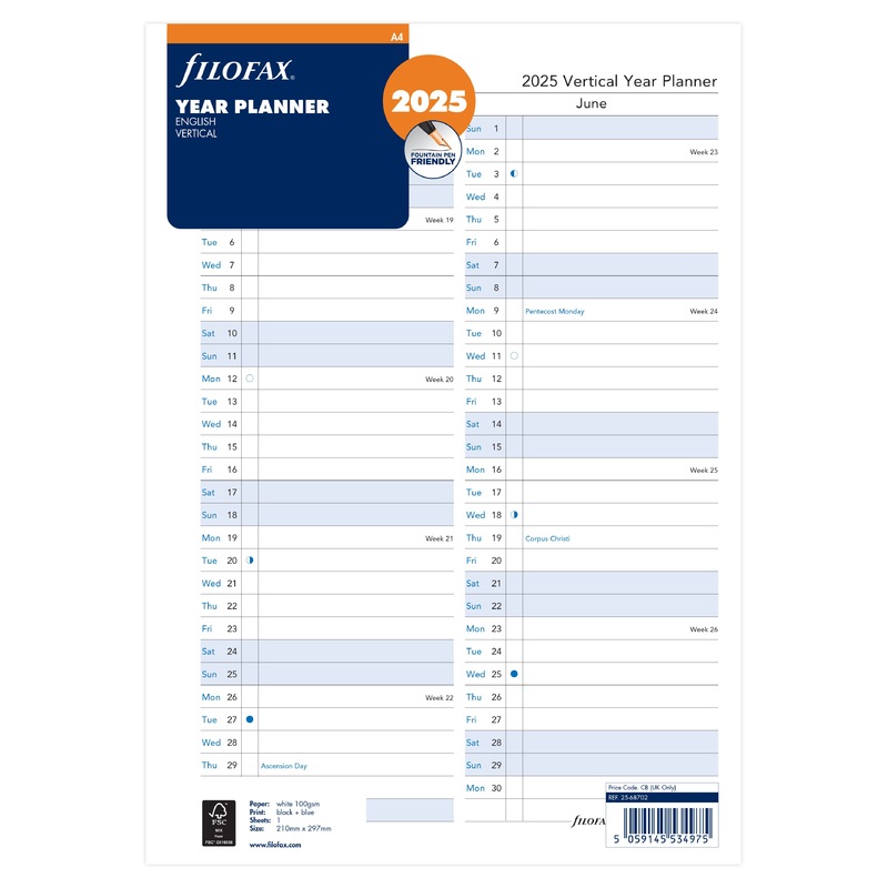 Filofax Year Planner Vertical A4 2025 Refill